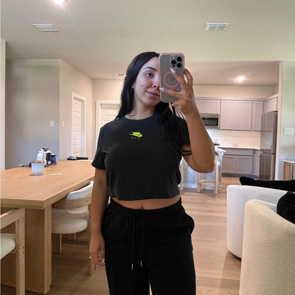 Nike Black Cropped Tee with Neon Yellow Swoosh